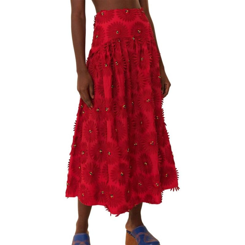 Farm Rio Womens Red Daisy Flower Midi Skirt